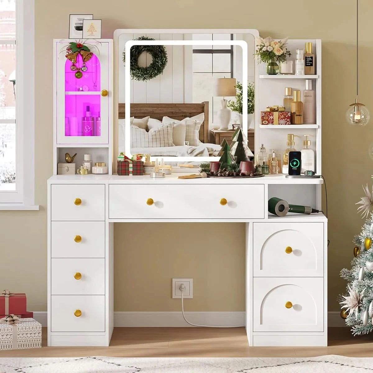 White Vanity Desk with LED Mirror, 7 Drawers, Storage Shelves & RGB Gl