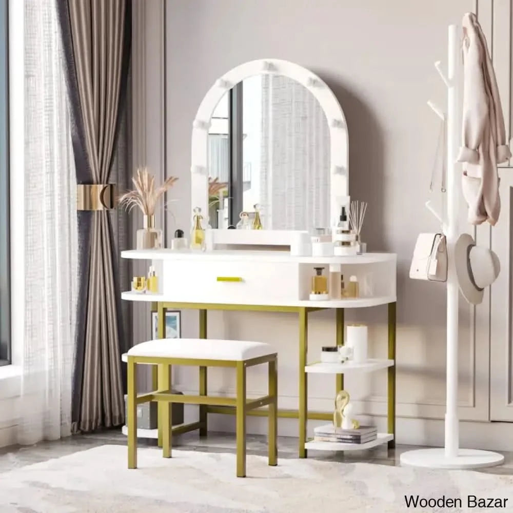 White Makeup Vanity Table Set with Metal Gold Legs and Mirror
