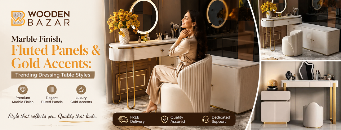 Modern dressing table design with marble finish and gold accents