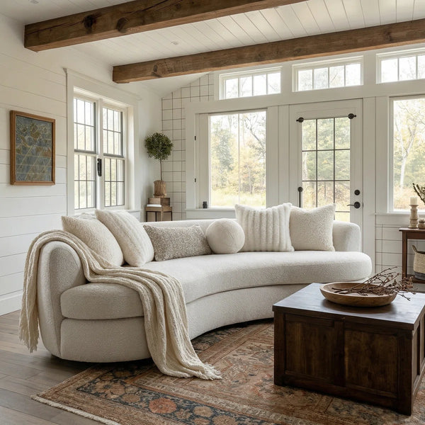 Beige Boucle 3-Seat Modern Curved Sofa With 6 Down-Filled Toss Pillows