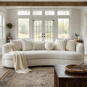 Beige Boucle 3-Seat Modern Curved Sofa With 6 Down-Filled Toss Pillows