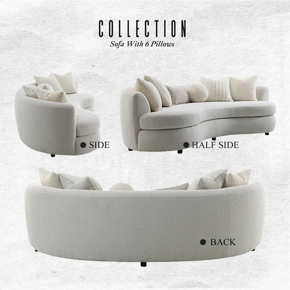 Beige Boucle 3-Seat Modern Curved Sofa With 6 Down-Filled Toss Pillows
