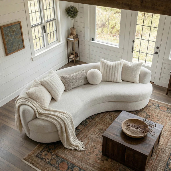 Beige Boucle 3-Seat Modern Curved Sofa With 6 Down-Filled Toss Pillows