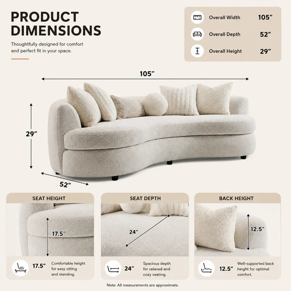 Beige Boucle 3-Seat Modern Curved Sofa With 6 Down-Filled Toss Pillows