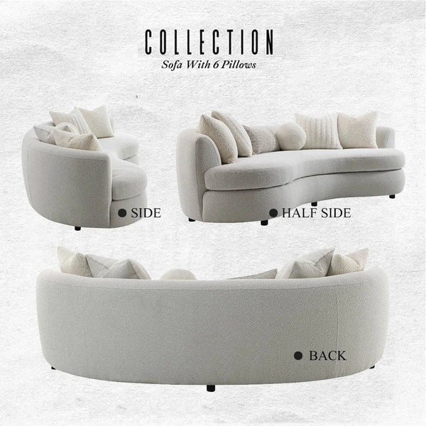 Beige Boucle 3-Seat Modern Curved Sofa With 6 Down-Filled Toss Pillows