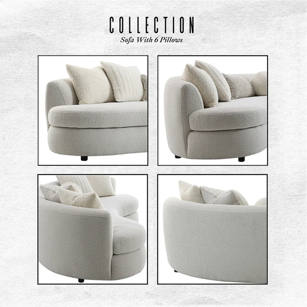 Beige Boucle 3-Seat Modern Curved Sofa With 6 Down-Filled Toss Pillows