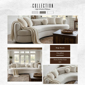 Beige Boucle 3-Seat Modern Curved Sofa With 6 Down-Filled Toss Pillows