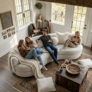 Beige Boucle 3-Seat Modern Curved Sofa With 6 Down-Filled Toss Pillows