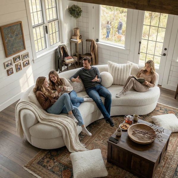 Beige Boucle 3-Seat Modern Curved Sofa With 6 Down-Filled Toss Pillows