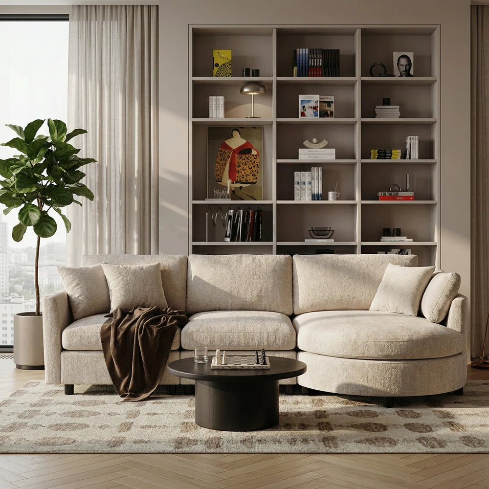 Modern Chenille 3-Seater Sectional Sofa with Curved Chaise Lounge