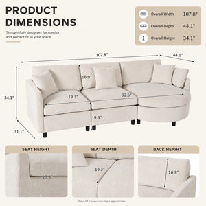 Modern Chenille 3-Seater Sectional Sofa with Curved Chaise Lounge