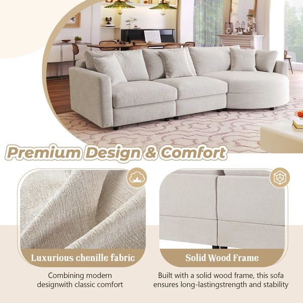 Modern Chenille 3-Seater Sectional Sofa with Curved Chaise Lounge
