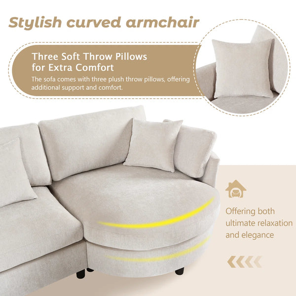 Modern Chenille 3-Seater Sectional Sofa with Curved Chaise Lounge