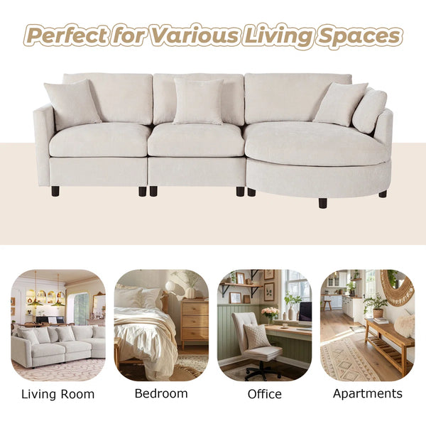 Modern Chenille 3-Seater Sectional Sofa with Curved Chaise Lounge