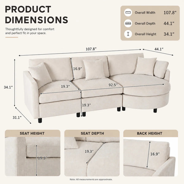 Modern Chenille 3-Seater Sectional Sofa with Curved Chaise Lounge