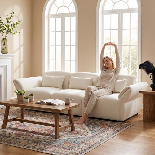 107'' Wide Modern Curved Upholstered 3-Seat Sofa with Deep Seats and Throw Pillows  Wooden Bazar