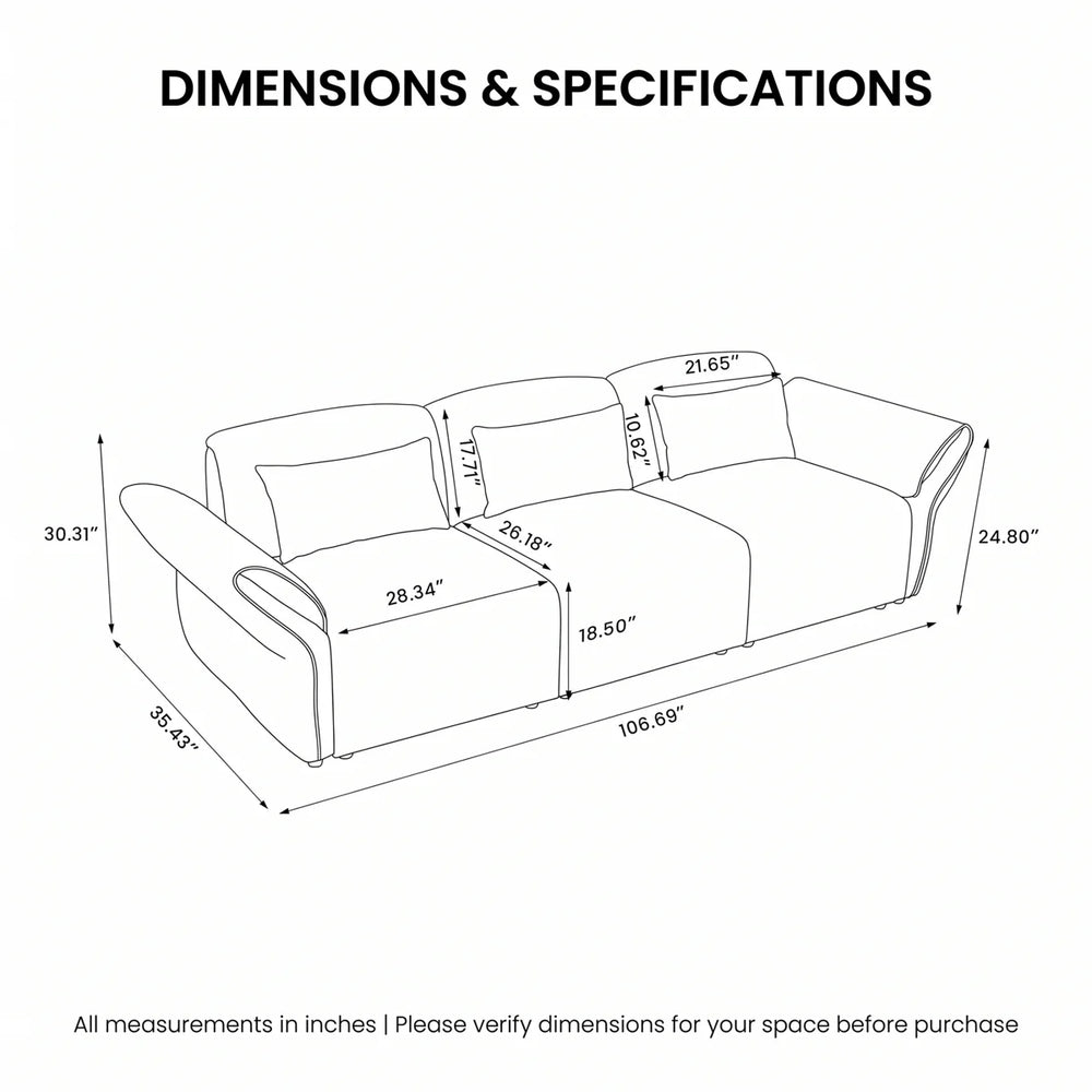 107'' Wide Modern Curved Upholstered 3-Seat Sofa with Deep Seats and Throw Pillows  Wooden Bazar