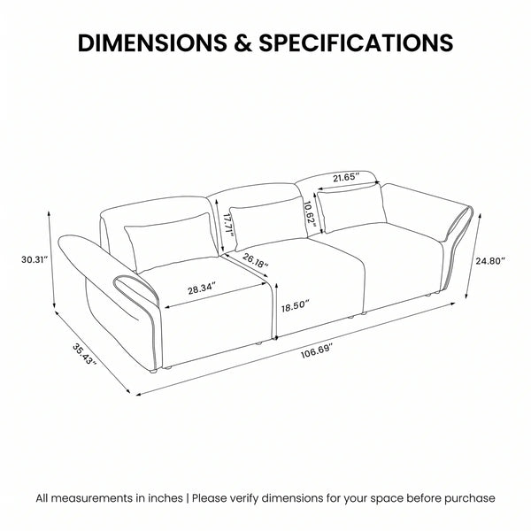 107'' Wide Modern Curved Upholstered 3-Seat Sofa with Deep Seats and Throw Pillows  Wooden Bazar