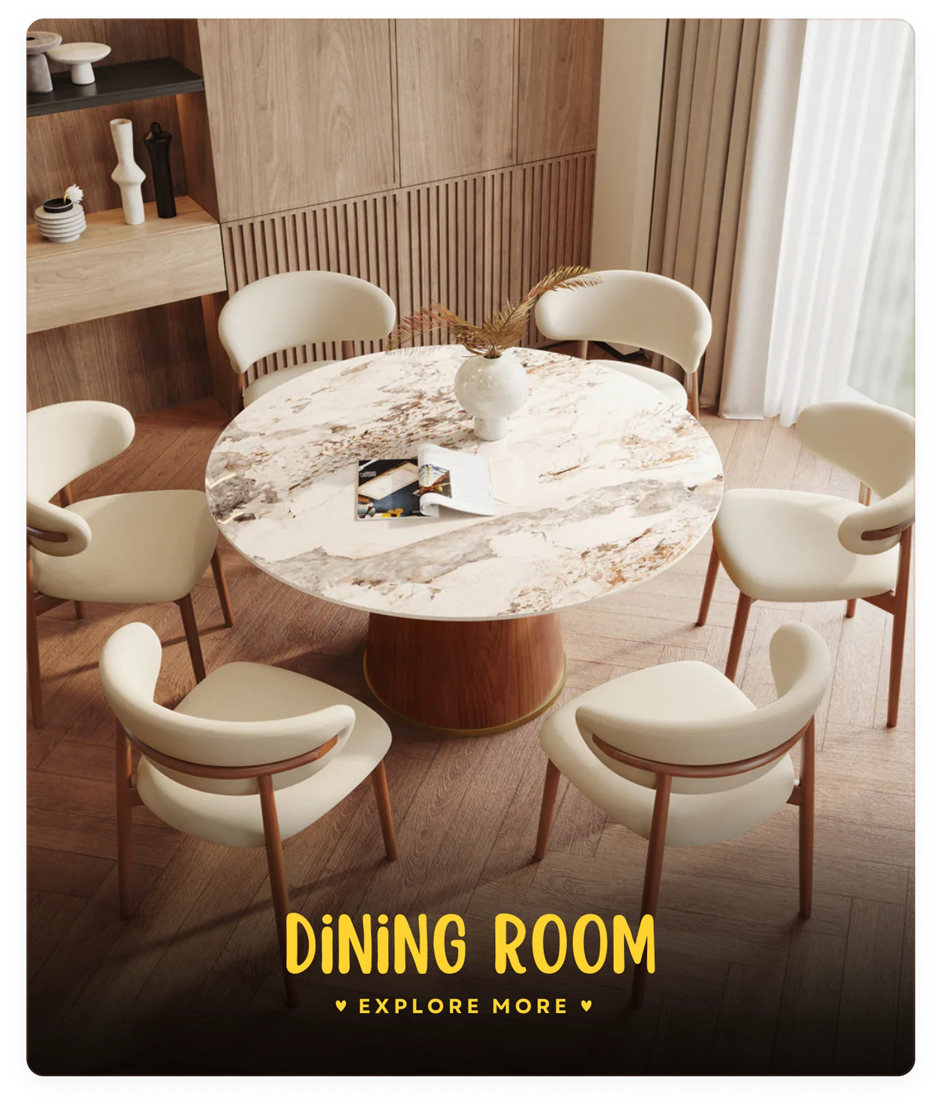 Dining room setup with a marble table and chairs in a well-lit room.