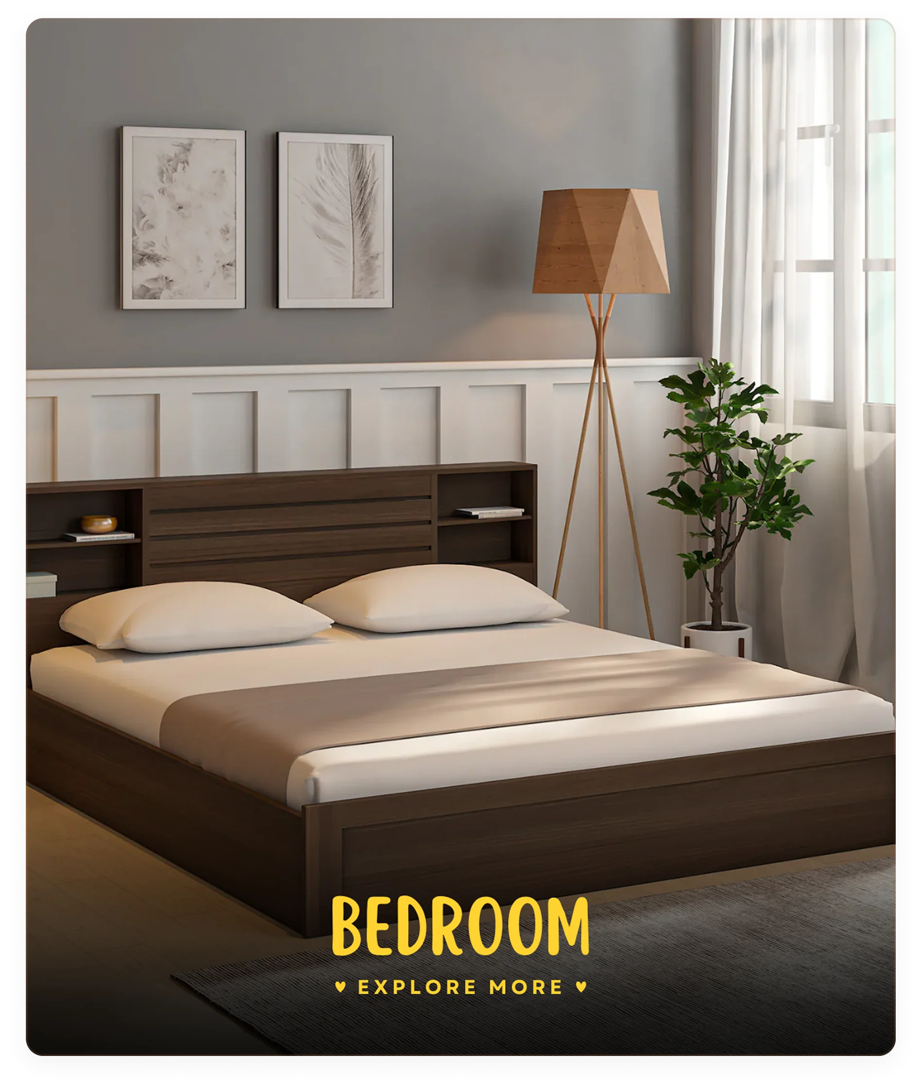Modern bedroom with a bed, lamp, and decor elements.