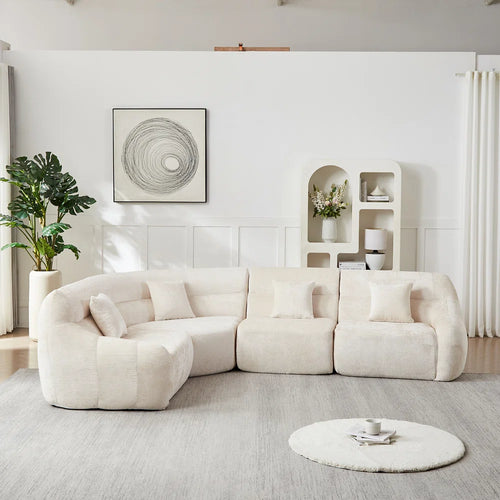 123.2 -inch Modern Luxury Curved Corner Sectional Sofa, Chenille Modular Cloud Sofa, Four Pillows, High-Back Oversized Four-Seater Living Room Sofa,No Assembly Required  Wooden Bazar