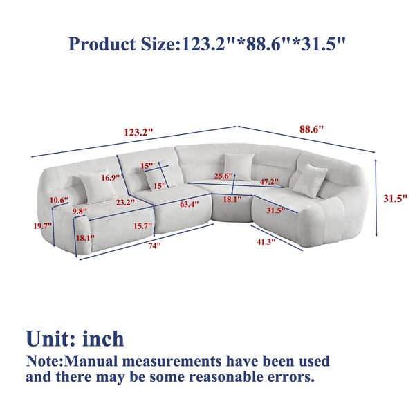 123.2 -inch Modern Luxury Curved Corner Sectional Sofa, Chenille Modular Cloud Sofa, Four Pillows, High-Back Oversized Four-Seater Living Room Sofa,No Assembly Required  Wooden Bazar