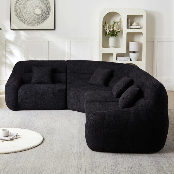123.2 Curved Corner Sectional Sofa, Chenille Modular Cloud Sofa, Four Pillows  Wooden bazar
