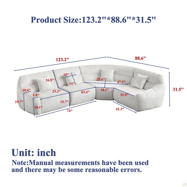 123.2 Curved Corner Sectional Sofa, Chenille Modular Cloud Sofa, Four Pillows  Wooden bazar