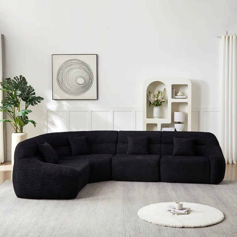 123.2 Curved Corner Sectional Sofa, Chenille Modular Cloud Sofa, Four Pillows  Wooden bazar