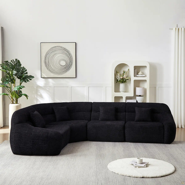 123.2 Curved Corner Sectional Sofa, Chenille Modular Cloud Sofa, Four Pillows  Wooden bazar