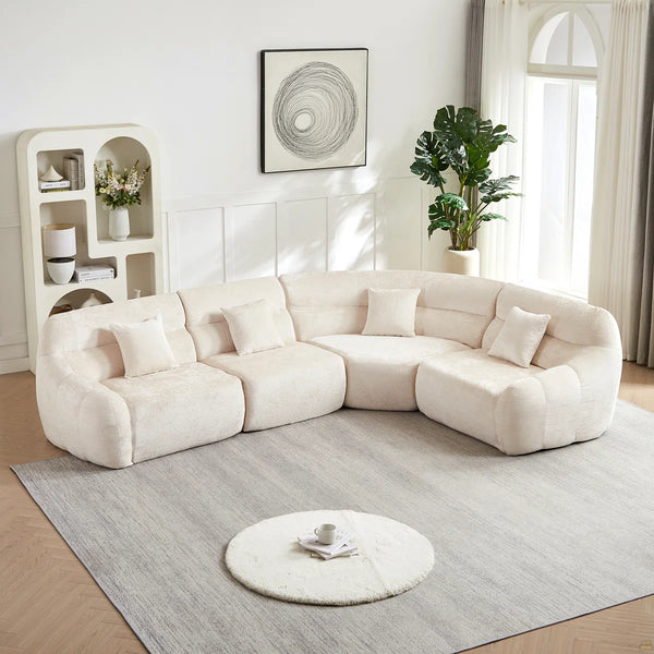 123.2 Curved Corner Sectional Sofa, Chenille Modular Cloud Sofa, Four Pillows  Wooden bazar