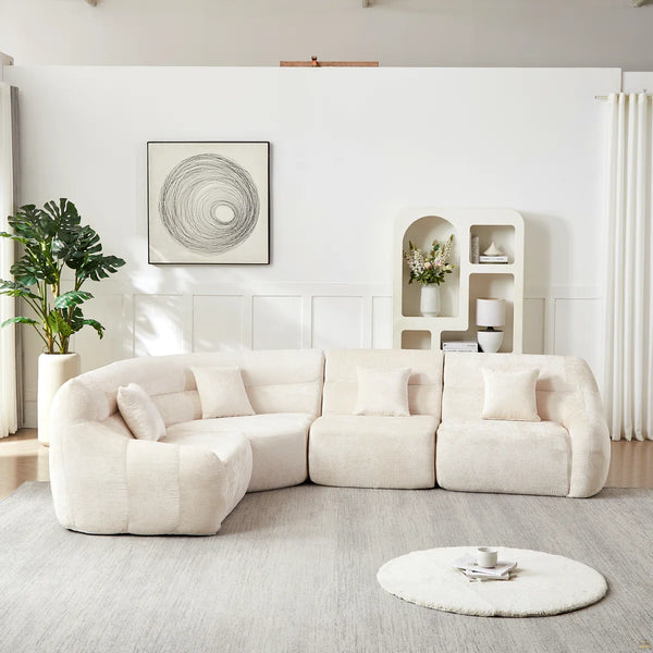 123.2 Curved Corner Sectional Sofa, Chenille Modular Cloud Sofa, Four Pillows  Wooden bazar
