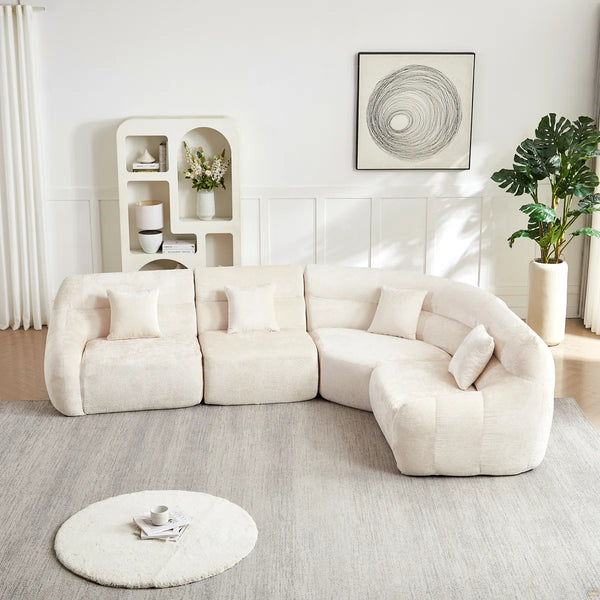 123.2 Curved Corner Sectional Sofa, Chenille Modular Cloud Sofa, Four Pillows  Wooden bazar