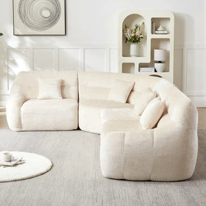 123.2 Curved Corner Sectional Sofa, Chenille Modular Cloud Sofa, Four Pillows  Wooden bazar