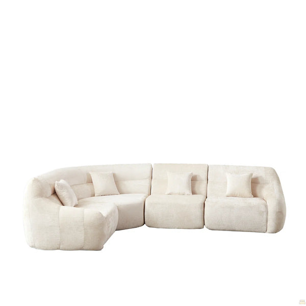 123.2 Curved Corner Sectional Sofa, Chenille Modular Cloud Sofa, Four Pillows  Wooden bazar