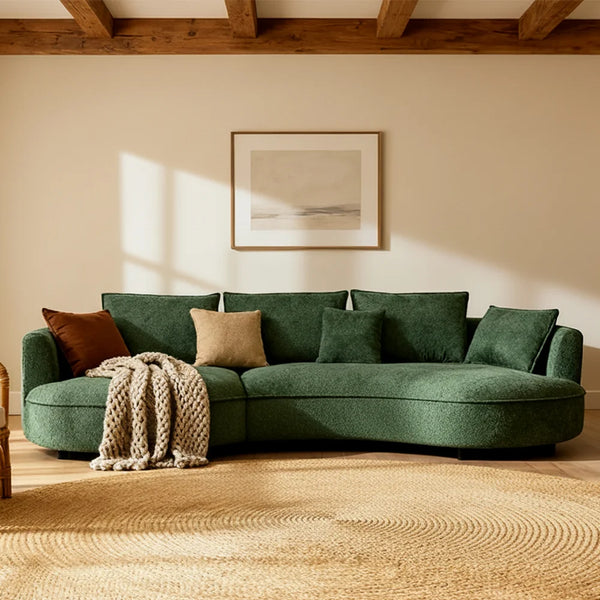 Modern Curved Boucle Sectional Sofa with Chaise & Accent Pillows