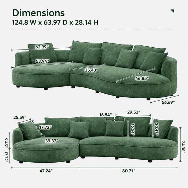 Modern Curved Boucle Sectional Sofa with Chaise & Accent Pillows
