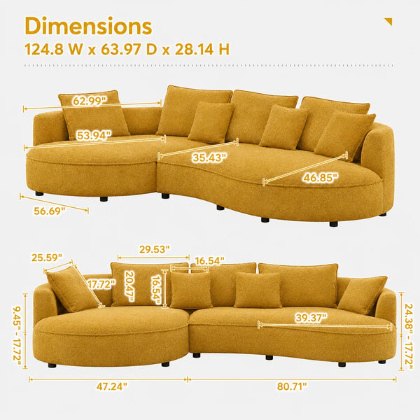 Modern Curved Boucle Sectional Sofa with Chaise & Accent Pillows