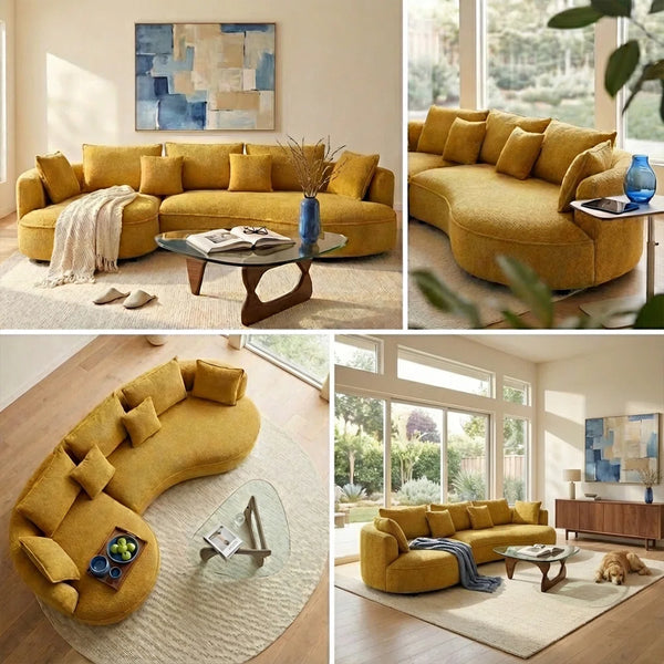 Modern Curved Boucle Sectional Sofa with Chaise & Accent Pillows