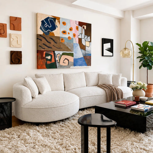 Modern Curved Boucle Sectional Sofa with Chaise & Accent Pillows