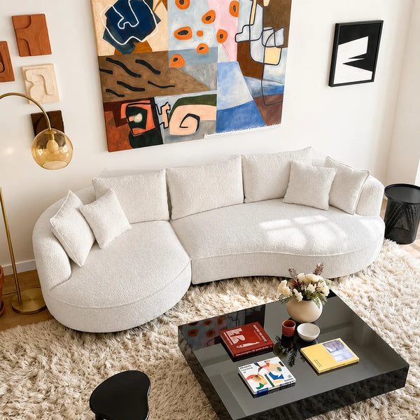 Modern Curved Boucle Sectional Sofa with Chaise & Accent Pillows
