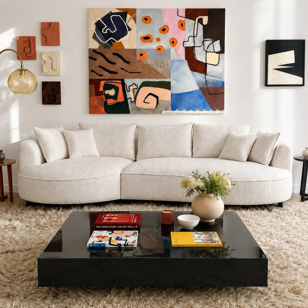 Modern Curved Boucle Sectional Sofa with Chaise & Accent Pillows