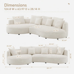 Modern Curved Boucle Sectional Sofa with Chaise & Accent Pillows