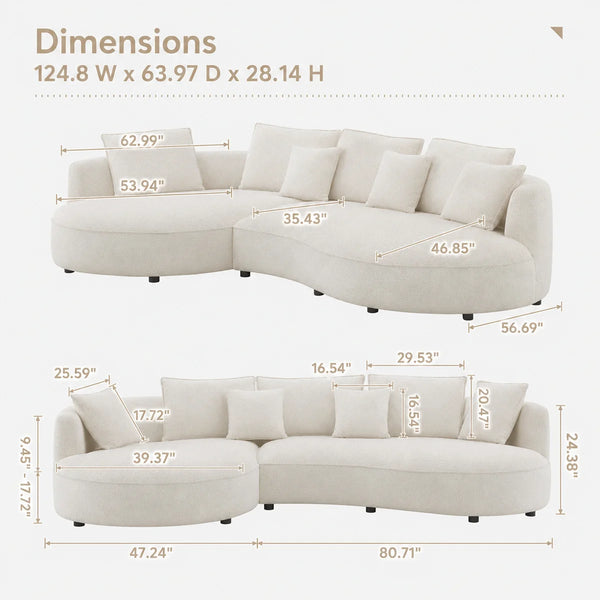 Modern Curved Boucle Sectional Sofa with Chaise & Accent Pillows