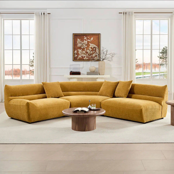 Upholstered Curved Sectional With 3 Throw Pillows
