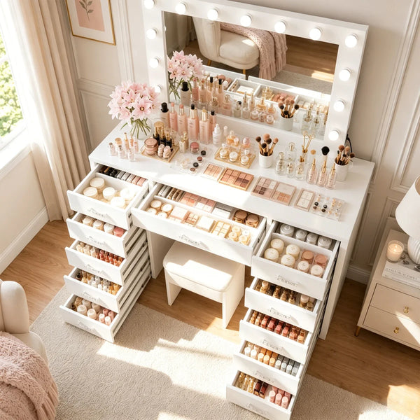 13-Drawer Makeup Vanity Desk with LED Lighted Mirror, Built-In Side Outlet & Hollywood-Style Dressing Table  Wooden Bazar