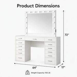 13-Drawer Makeup Vanity Desk with LED Lighted Mirror, Built-In Side Outlet & Hollywood-Style Dressing Table  Wooden Bazar