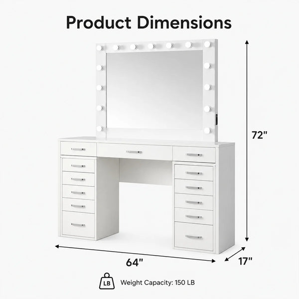 13-Drawer Makeup Vanity Desk with LED Lighted Mirror, Built-In Side Outlet & Hollywood-Style Dressing Table  Wooden Bazar