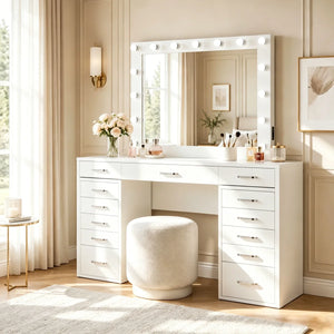 13-Drawer Makeup Vanity Desk with LED Lighted Mirror, Built-In Side Outlet & Hollywood-Style Dressing Table  Wooden Bazar