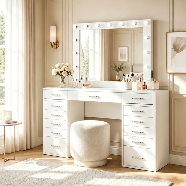 13-Drawer Makeup Vanity Desk with LED Lighted Mirror, Built-In Side Outlet & Hollywood-Style Dressing Table  Wooden Bazar